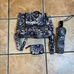 Vera Bradley Mimosa Medallion Purple Floral Essential Compact Backpack, 3 Pieces
